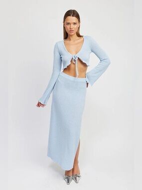 Emory park Light Blue Knit Two-Piece Skirt Set tie front bell sleeve small